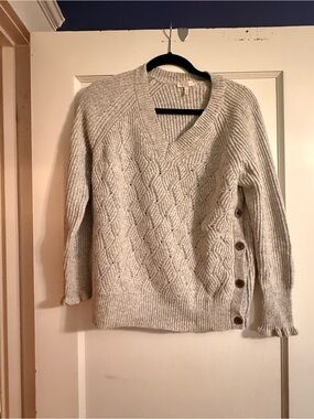Rebecca Taylor Cozy V-Neck Cable Knit Sweater in Light Gray